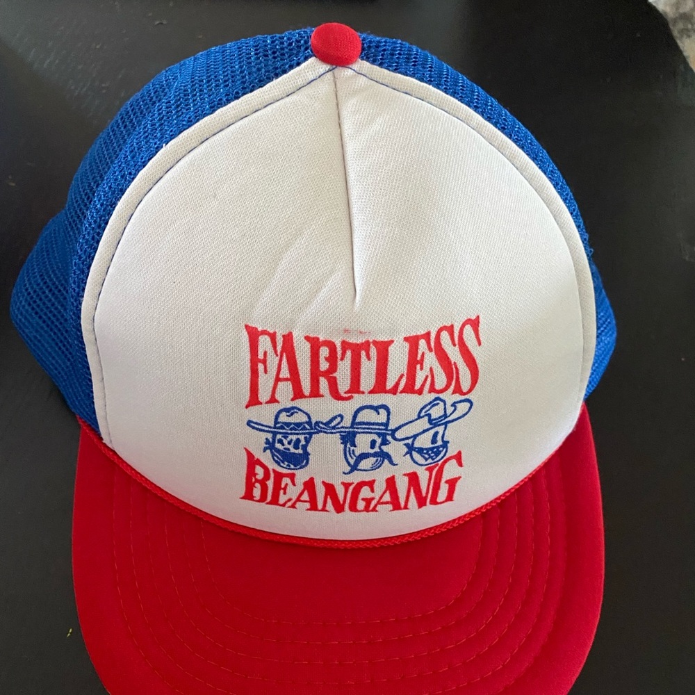 Fartless Beangang SnapBack trucker hat. Red, blue and white.